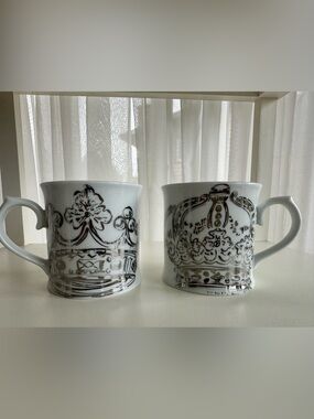 Able White Porcelain Mugs with silver Crown Motifs- Set of 2 -Perfect Gift!